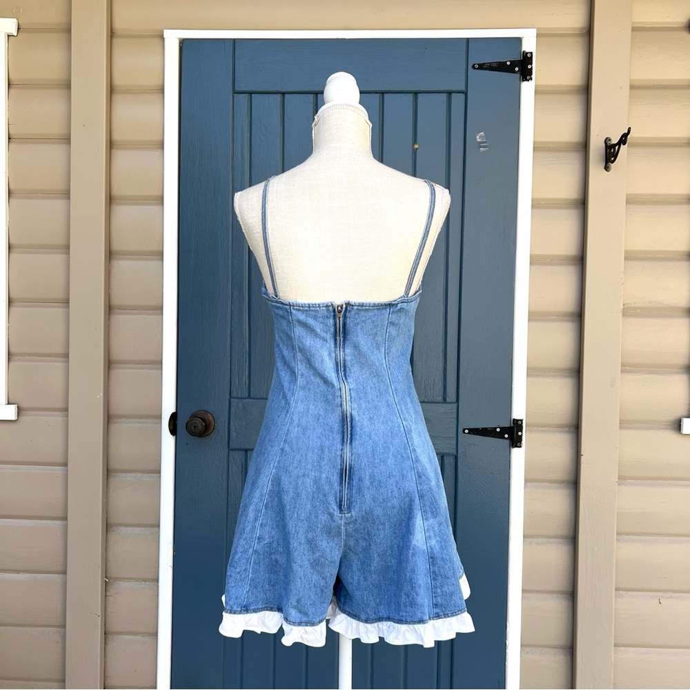 Y2K 90s New Age Code Blue Denim Short Babydoll Overalls With Lace Size Small - Picture 4 of 9
